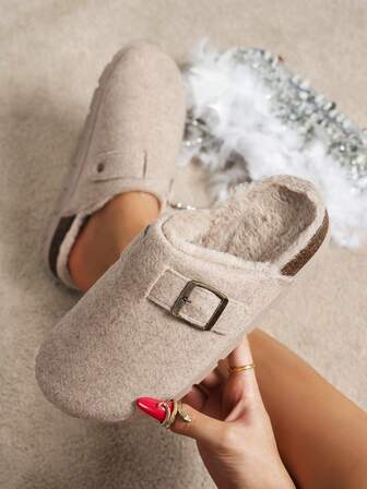 Women's Fashion Casual All-Match Slip-On Plush Lined Warm Non-Slip Lightweight Comfortable Boken Slippers, Suitable For Indoor And Outdoor Wear, Autumn/Winter