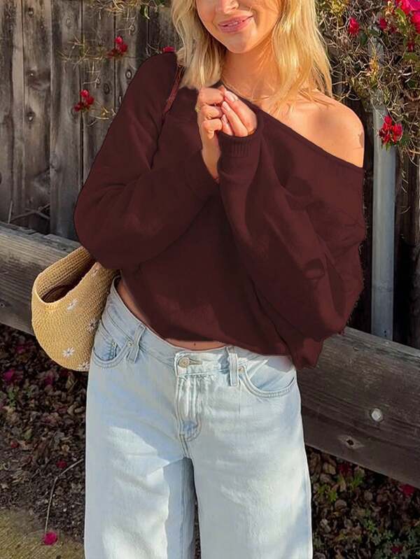 Ropa de mujer para otoño, suéter de unicolor para mujer, jersey informal de moda simple y temperamento, manga larga, cuello redondo grande, hombros caídos, cómoda parte superior, blusas básicas, blusas para salir, blusas de un hombro, ropa de vuelta al colegio, atuendos para citas de mujer.