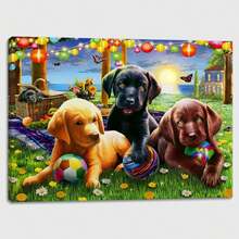 2025 Christmas Canvas Wall Art Print 12" X 16" With Timer | LED Lighted Design - Puppies Play TIme - View 1