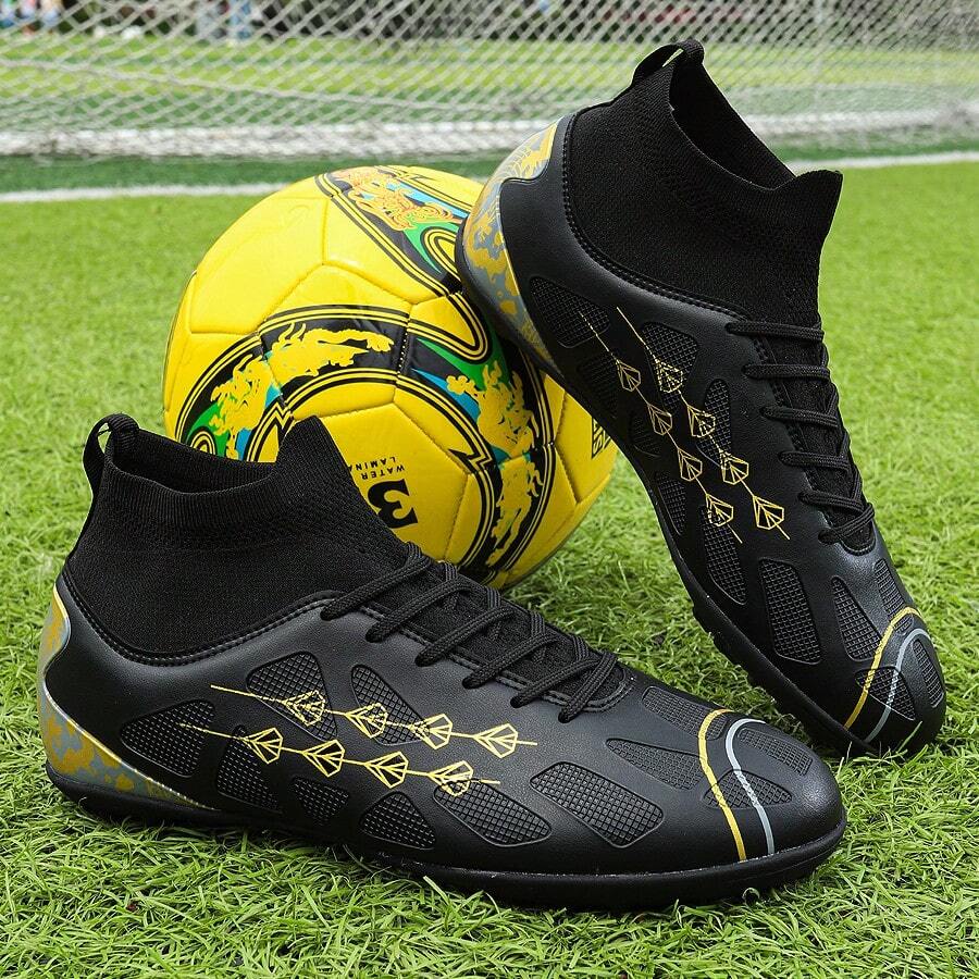 Unisex Geometric Pattern Sports Shoes, Athletic Knit Lace-Up Football Boots For Outdoor Sports, All Season - Black - View 1