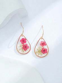 1 par de pendientes de resina en forma de lágrima y flores secas con superficie de pegamento, adecuados para el uso diario de mujeres, flores secas naturales, formas y colores aleatorios, San Valentín, mamá, día de la madre, regalo - rojo - Ver 4