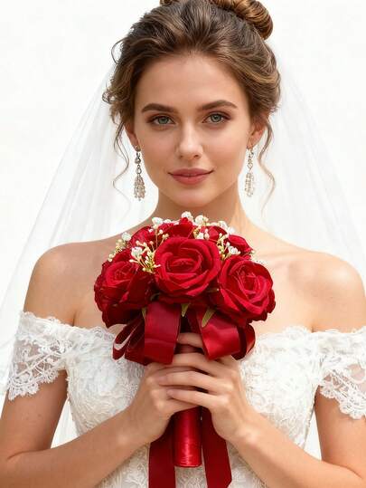 1PC Red Rose Wedding Bouquet Artificial Flowers Roses Bouquet, Fake Flowers Silk Roses Bridal Wedding Bouquets Bridesmaid Bouquets For Wedding Decoration Proposal And Confession Gift