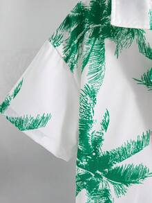 男童休闲印花拼接落肩短袖衬衫上衣和抽绳短裤两件套，夏季套装 - 綠色 - 查看 6