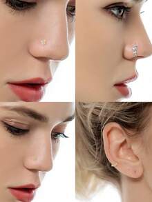 10Pcs Multi-Piece Fashion Versatile Silver, Gold & Rose Gold-Toned Cubic Zirconia Inlaid Floral, Feather Detail Nose Ring Set Unisex For Daily & Festival Celebration