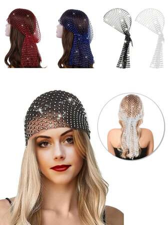 1Pc Crystal Rhinestone Hair Band Hat Elastic Scarf Cap For Masquerade Ball Cosplay Events Mesh Hollow Out For Prom Elegant Rhinestone Pirate Hat ,Headwear Fishnet Headscarf Hip Hop