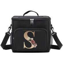 Insulated Lunch Box Bag Shoulder Canvas Bags Thermal Lunch Box Initial Name A To Z Gold Letter Flower Printing Large Capacity Tote Bag For Women's Portable Work Food Storage Handbags Cooler Box For Office School Picnic Camping Travel Lunch Bag Woman For Women Ladies School Supplies Stuff Accessories - màu đen - Xem 7