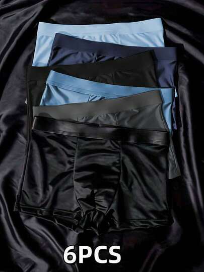 6pcs/Pack Men's Solid Color Silk Boxer Briefs, Men's Underwear