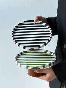 1pc Classic Retro Ceramic Striped Tray, Nordic Minimalist INS Style Classic Striped Pedestal Serving Plate, Suitable For Photography Shooting, Afternoon Tea Snacks & Desserts, Party Gatherings, Bedroom Jewelry Storage Tray - 彩色 - 查看 11