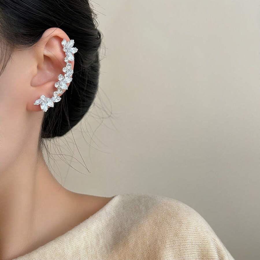 طقم أقراط أذن أيسر بلون فضي مرصع بالراين ستون وأقراط مشبك، مجوهرات لامعة مناسبة للحفلات