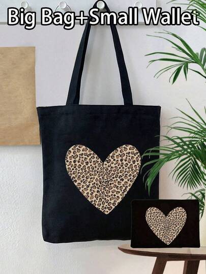 Fashion Sardine Polyester Handbag - Lightweight, Foldable, Open Design With Fashionable Leopard Heart Graphic Print, Portable Casual Storage Handbag, Multifunctional Shopping Bag, With New Design And Large Capacity, It Is An Ideal Choice For Shopping. Cosmetic Bag, Large Capacity Travel Cosmetic Bag, Shoulder Bag, School Bag, Large Supermarket Shopping Bag, Charger Storage Bag, Bathroom Storage Bag, Is Gift For Women, Friends And Teachers