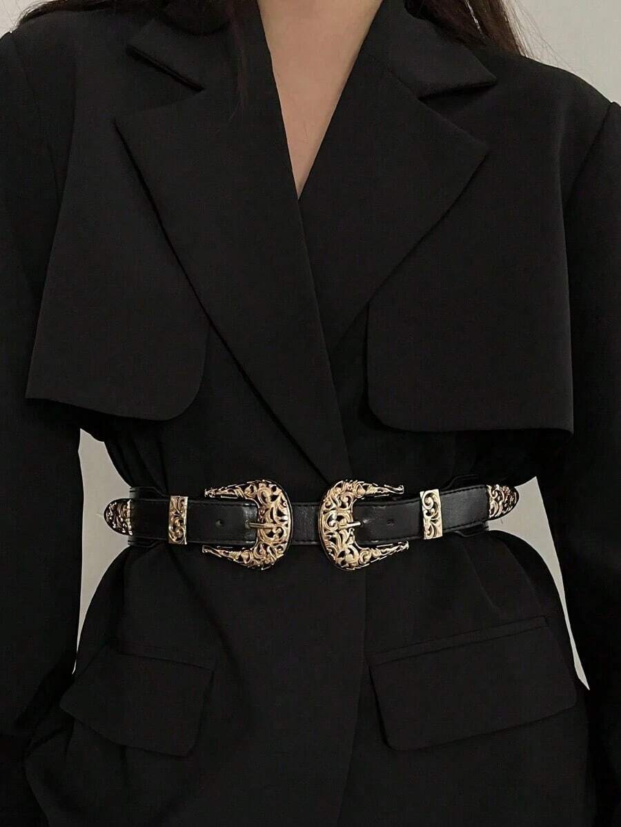 1pc Women's Black Belt With Double Gold Buckles, High-End Design Vintage Halloween Summer, School Fall, Autumn, Halloween - 黑色 - 查看 1