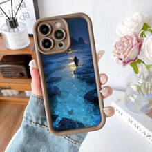 Cubierta de telefono con borde negro azul profundo con estampado de paisaje nocturno y figura solitaria en playa brillante para uso diario y viajes - Blanco - Ver 5