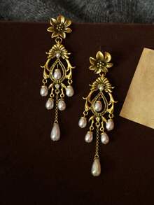 2pcs Vintage French Style Silver Needle Flower Pearl Teardrop Tassel Earrings, Medieval Retro Palace Style Earrings, Lightweight Luxurious Earrings, Women's Daily Party Accessories, Fashion Jewelry, Best Friend Gift - Multicolor - View 12