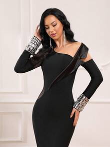 Love Aing 女士黑色长袖连衣裙，手工镶嵌水钻，奢华优雅晚礼服，亚克力刺绣，适合节日/新年/约会/派对，春/秋/冬皆宜。 - 黑色 - 查看 6