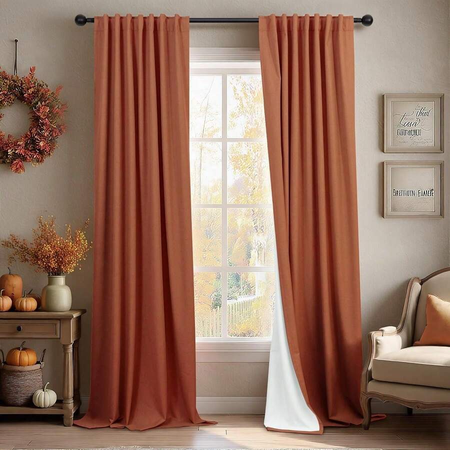 Cream Linen Blackout Curtains 84 Inch Long 2 Panel Set, Thermal Insulated Light Blocking, Neutral Rustic Farmhouse Style, Ivory White, 2025 - 紅陶 - 查看 1
