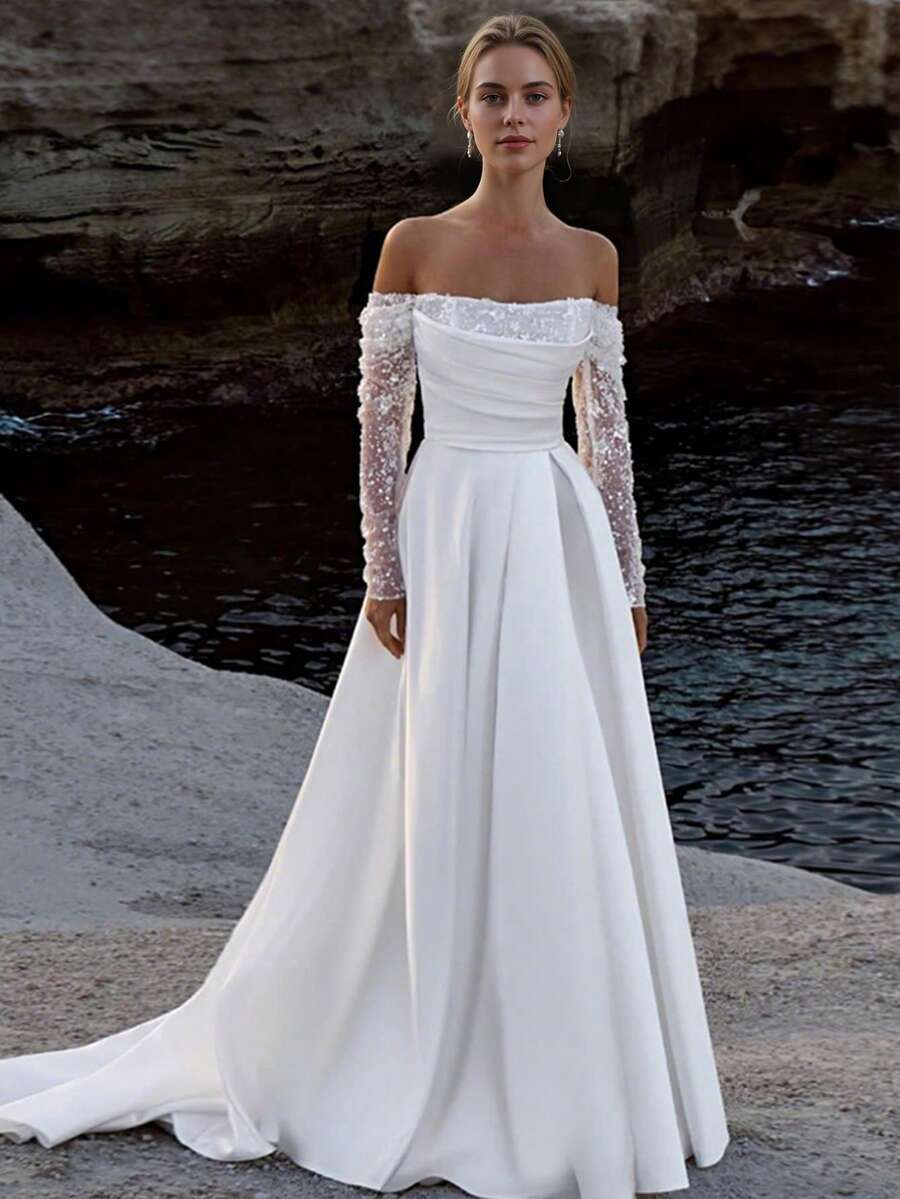 Elegant Strapless Long Sleeves Sequins Satin Wedding Gown - Perfect For Christmas, Halloween, Weddings, Proms & Birthdays - trắng - Xem 1