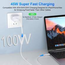 USB-C 数据线，支持 100W 快充，超长 USB-C 转 USB-C 数据线，Type-C 充电器，兼容 17/16 Pro Max/15、iPad Pro/Air、Galaxy S25/S24 Ultra/S23，白色，兼容 - 彩色 - 查看 2