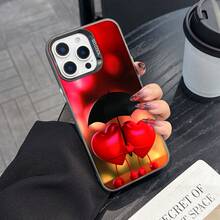 Colorful Silver Apple Phone Case Love In Full Color - 3D Hearted Couple With Umbrella Compatible With  11 To  17 Models The Cases Lens Protection Function Ensures The Camera Remains Undamaged During Shooting, Guaranteeing Image Quality - Black - View 2
