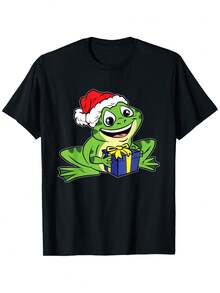 Camiseta de Navidad con gorro de Papá Noel de rana verde linda para niños y niñas - 100% algodón suave y transpirable, camiseta festiva con impresión de rana sonriente y caja de regalo, lavable a máquina, atuendo de Navidad para (uso durante todo el año) - Negro - Ver 10