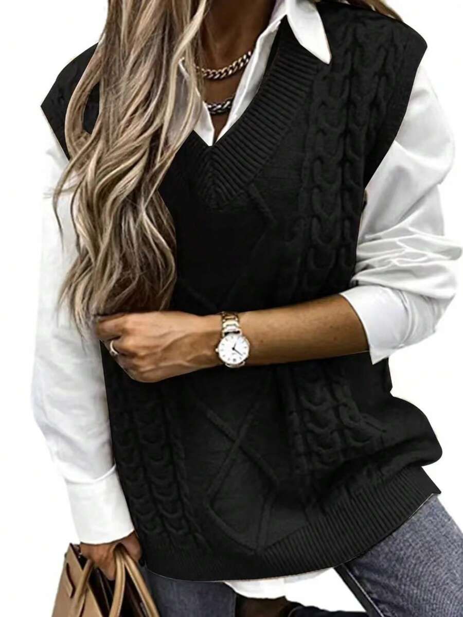 Plus Size Women V-Neck Vest Retro Versatile Knit Pullover Sweater - Black - View 1