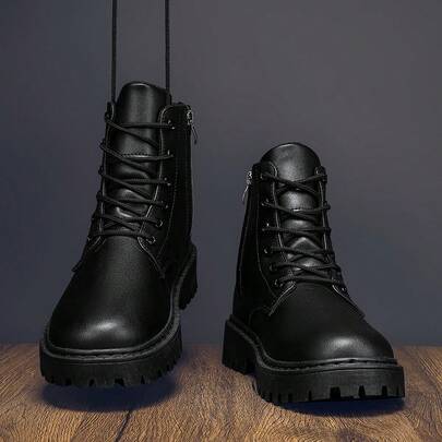 Men's Plus Size Black Casual Motorcycle Boots, Lace-Up, Slip-Resistant, Height Increasing, Suitable For All Season, Perfect With Jacket, Zipper Boots Men High-Top British Style Black Cargo Motorbike Leather Boots Height Increasing Men Shoes, Match Jeans