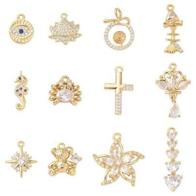 2pcs Copper Zirconia Devil's Eye, Cross, Bear, Seahorse Shaped Pendant, Multiple Styles Available For Earrings, Bracelets, Necklaces, Jewelry Making