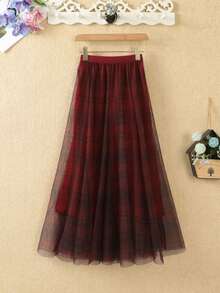 LuminousWealth 女士复古格纹网纱 A 字裙，高腰显瘦喇叭薄纱裙，适合休闲或办公穿着，四季皆宜 - 彩色 - 查看 5