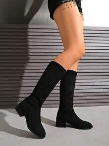 女士圆头黑色棕色纯色麂皮过膝长靴，2025秋冬必备新品，弹性贴合高筒靴，柔软舒适内衬