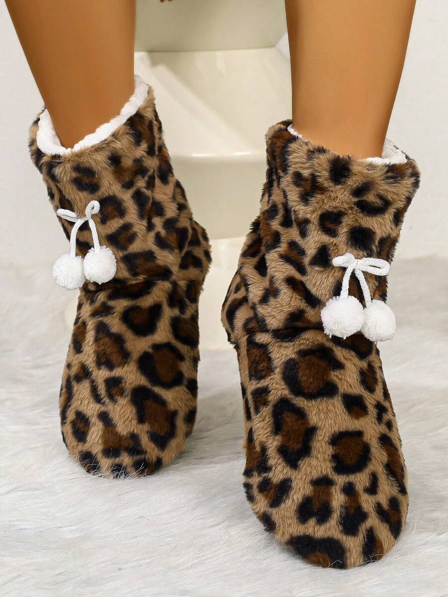 Women's Comfortable & Warm Leopard Print Indoor Bootie Slippers; Thick Insulated Lining, Fashionable Appearance, Durable Lightweight Sole, Suitable For Casual Home & Sports Wear - Brown - View 1