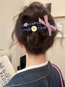 1pc Vintage Fabric Button Bow Hair Clip For Women - A Simple And Elegant Hair Accessory With A Classic Touch, Claw Clips, Hair Slide, Hair Barrettes, Hair Accessories - Multicolor - View 6