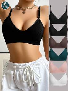 6件套多色女士后开扣文胸，无钢圈无垫舒适文胸，可调节肩带，无缝文胸和运动文胸 - 彩色 - 查看 3