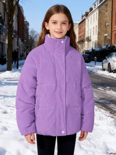 Girls' Solid Color Corduroy Stand Collar Padded Coat, Autumn/Winter
