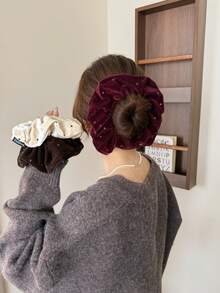 Elegant French Satin Cream White Glossy Oversized Scrunchie, Ladylike Solid Color Hair Tie