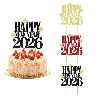 1个黑色/红色/金色闪光金星“2026新年快乐”蛋糕装饰插牌 - 适用于新年派对，迎接2026新年派对装饰