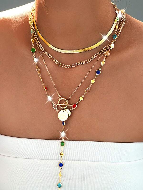 3/4pcs Elegant Luxurious Retro Women's Multi-Layer Necklace Set, OT Clasp Snake Bone Chain Inlaid Colorful Faux Gem Y-Shaped Long Necklace, Suitable For Women's Daily Outings, Parties, Fashion Accessory, Golden Necklace Gift Choice