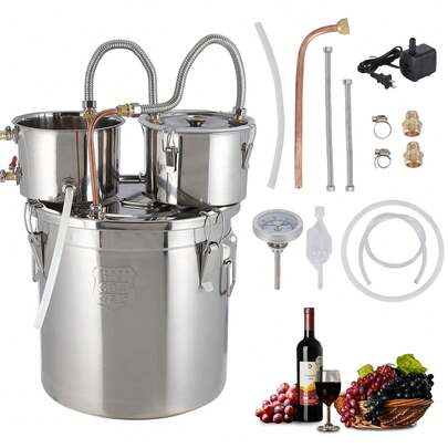 Destilador de alcohol de 3 galones/12 litros con doble refrigeración, kit de elaboración de cerveza casero de estilo comercial con 3 barriles de acero inoxidable, termómetro integrado y bomba de agua para whisky, vino, brandy y bourbon.