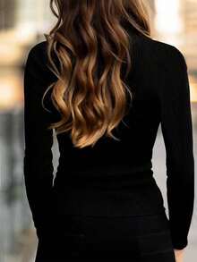 Black High Neck Zip-Up Knit Sweater | Slim Fit, Warm & Stretchy | Minimalist Zip Design, Versatile Layering Piece | Suitable For Office, Commute, Casual Urban, Autumn/Winter - Black - View 5