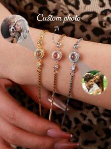 Customized Photo Bracelet, Minimalist Stainless Steel Adjustable Box Chain Bracelet, Photo Projection Jewelry Accessory For Women, Anniversary, Necklace, Minimalist, Casual, Cute, Customized, Personalized, Unique, Ideal Gift For Girlfriend, Mother, Family, Friend, Daughter, Anniversary, Valentine's Day, Mother's Day, Birthday, Graduation, Daily Wear, Wedding, Prom, Personalized Jewelry, Christmas Gift - Multicolor-box Chain - View 2