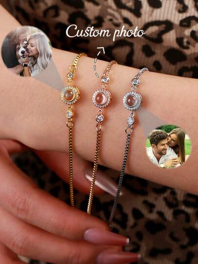 Customized Photo Bracelet, Minimalist Stainless Steel Adjustable Box Chain Bracelet, Photo Projection Jewelry Accessory For Women, Anniversary, Necklace, Minimalist, Casual, Cute, Customized, Personalized, Unique, Ideal Gift For Girlfriend, Mother, Family, Friend, Daughter, Anniversary, Valentine's Day, Mother's Day, Birthday, Graduation, Daily Wear, Wedding, Prom, Personalized Jewelry, Christmas Gift