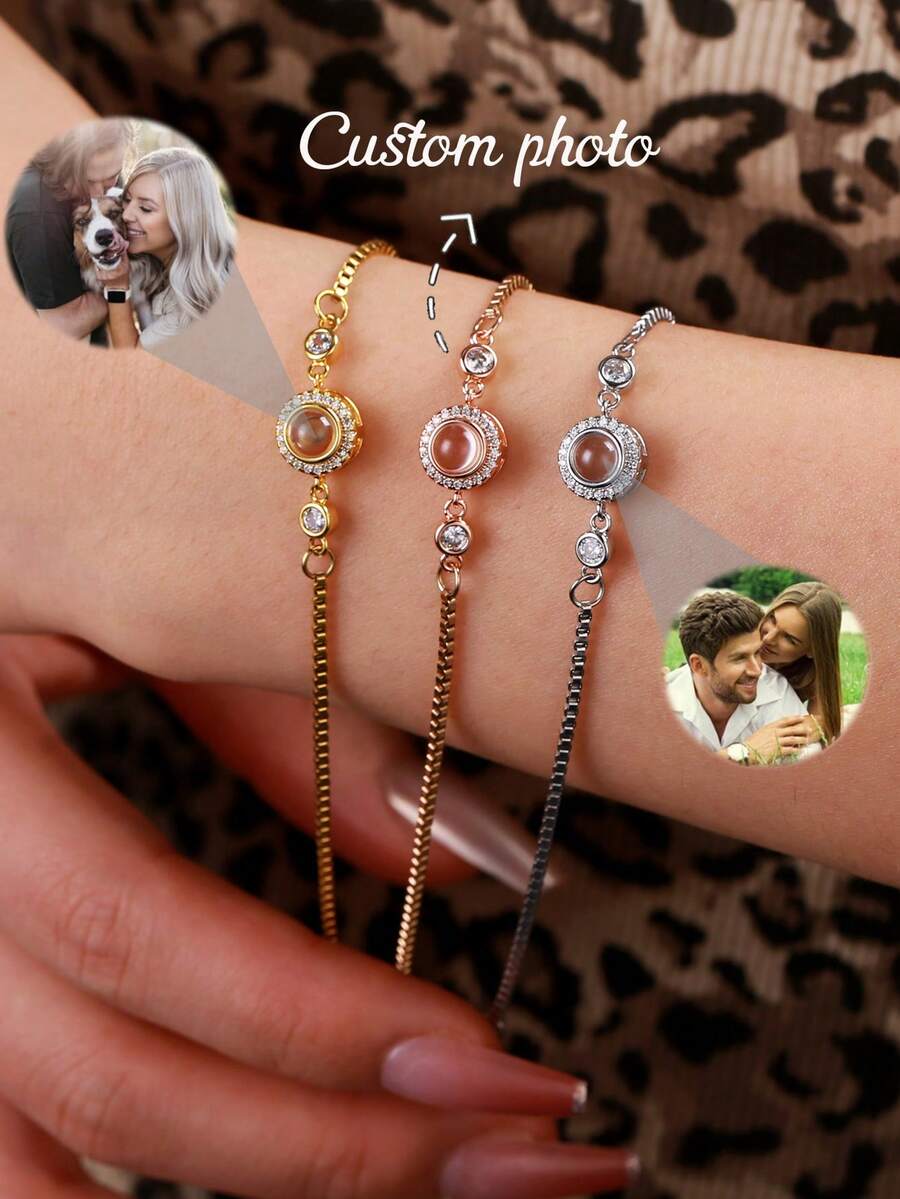 Customized Photo Bracelet, Minimalist Stainless Steel Adjustable Box Chain Bracelet, Photo Projection Jewelry Accessory For Women, Anniversary, Necklace, Minimalist, Casual, Cute, Customized, Personalized, Unique, Ideal Gift For Girlfriend, Mother, Family, Friend, Daughter, Anniversary, Valentine's Day, Mother's Day, Birthday, Graduation, Daily Wear, Wedding, Prom, Personalized Jewelry, Christmas Gift