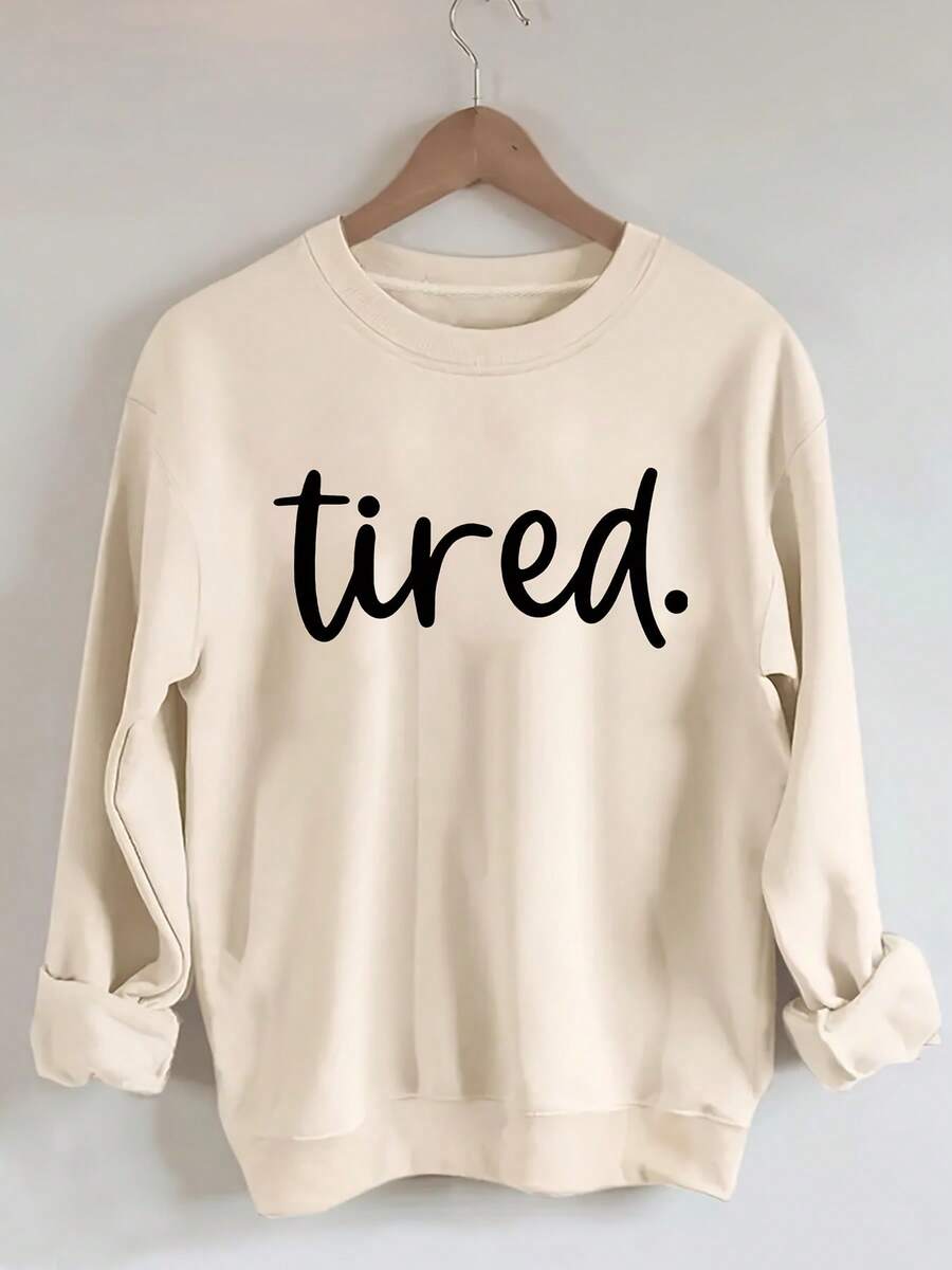 Winter Clothing Sweaters Plus Size Fatigue Print Sweatshirt, Casual Round Neck Long Sleeve Pullover, Suitable For Spring And Autumn, Women's Plus Size Clothing Loose And Comfortable Sweatshirts New Year Outfit Sweatshirts Sweaters - 杏色 - 查看 1