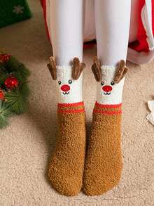 1Pair Women Fuzzy Socks, Cartoon Santa Claus, Elk And Snowman Patterns Mid-Calf Socks Thick Warm Comfortable Christmas Party Gifts Women Socks - Multicolor - View 8