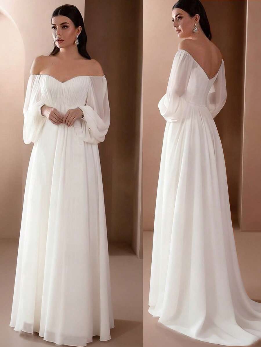 女士纯色露肩灯笼袖休闲婚纱