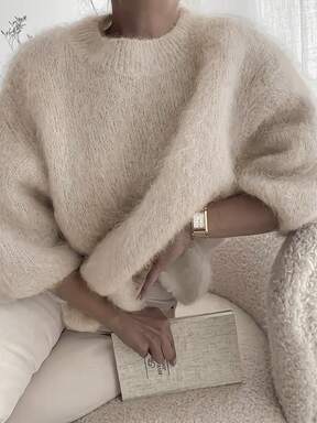 Modischer minimalistischer Damen Pullover mit Rippstrick und Felloptik, Rundhalsausschnitt, normale Länge, Drop Shoulder, 3/4 Ärmel