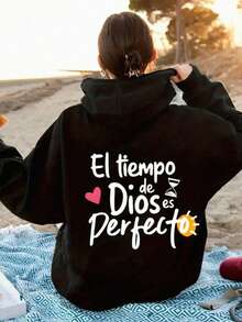 Mujer003-1 Sudadera de mujer  invierno sudadera de manga larga cómoda suave Suéter de capucha negro con el mensaje "El tiempo de Dios es Perfecto" que transmite una filosofía positiva y una estética atractiva - Negro - Ver 1