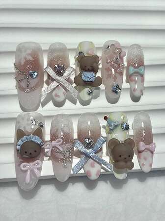 10PCS Cute 3D Coffee Bear Long Almond French Handmade Press On Nails Sweet Glitter Blush Fake Nails Snowflake Pearl Lace Bow Nail Art Nail Supplies (1Sheets Jelly Stickers+1PC Nail File)