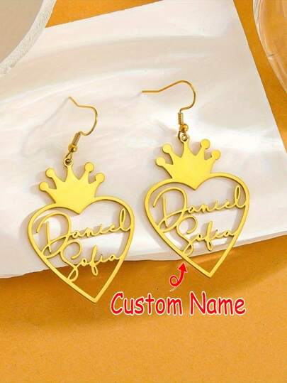 Pendientes personalizados con corona y corazón - Nombre personalizado, elegante joyería de mujer de acero inoxidable 201, regalo de Navidad/San Valentín, diseño romántico clásico adecuado para ocasiones casuales o especiales, pendientes de clip para orejas sin perforar, pendientes bohemios, pendientes colgantes, pendientes de aro, pendientes grandes, pendientes de diseñador, pendientes hechos a mano, artesanía de alta calidad, accesorios de moda