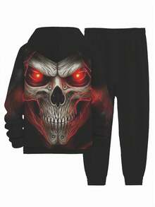 Bộ đồ 2 mảnh gồm áo hoodie và quần dài in hình đầu lâu 3D, phong cách đường phố năng động dành cho nam giới, thích hợp cho mùa thu/đông. - Xám - Xem 4