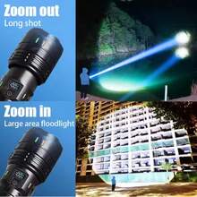 Extra Large LED Flashlight Extra Powerful Rechargeable Super Bright Tactical Light Waterproof Zoom Built-In Battery Outdoor Camping, Fishing, Night Cycling, Hiking, Hunting Patrol Light And Home Emergency Lighting - Black - View 7