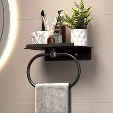 A Black Metal Towel Rack With A Modern, Minimalist Design And Oval Towel Rings With Built-In Shelves. Suitable For The Bathroom, It's Easy To Install And Requires No Drilling. - Black - View 8